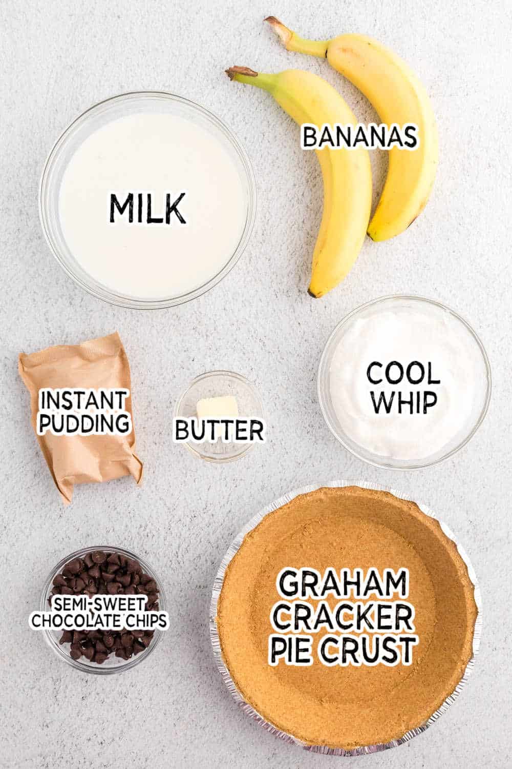 Ingredients to make black bottom banana cream pie.