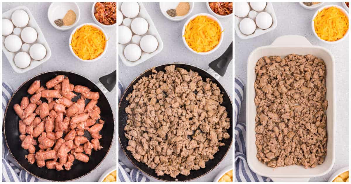 Collage of cooking the sausage and adding to the casserole dish.