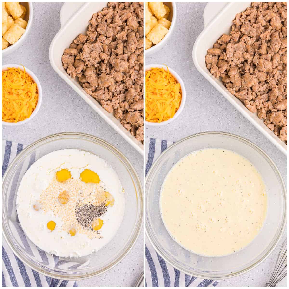 Collage of mixing the egg mixture in a bowl.