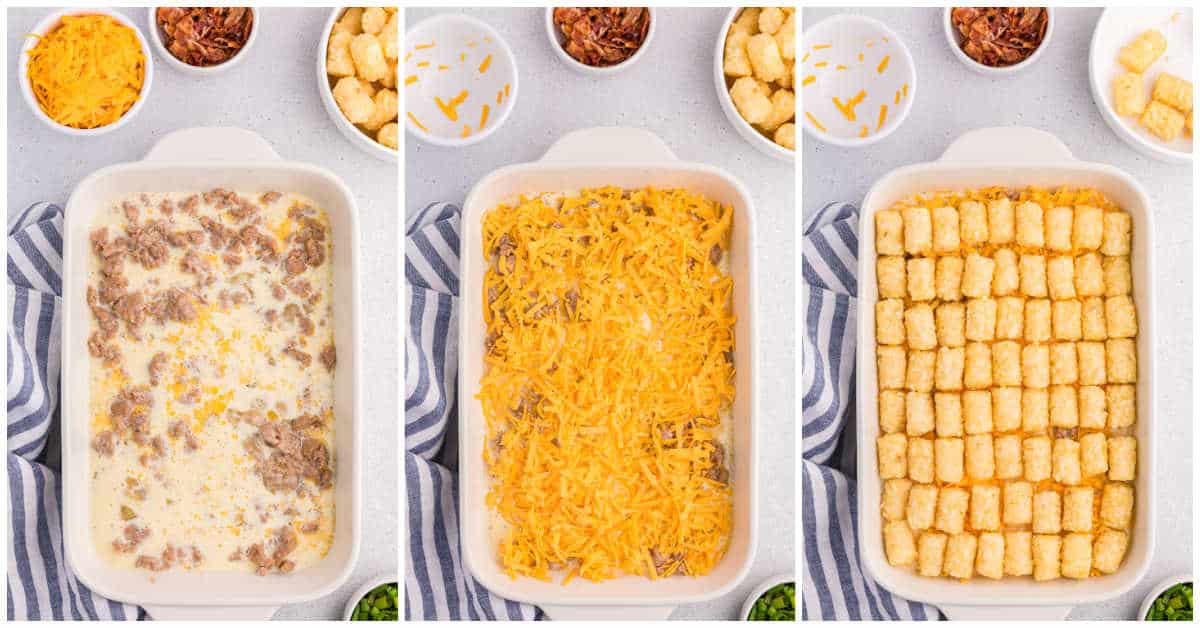 Collage of assembling the casserole.