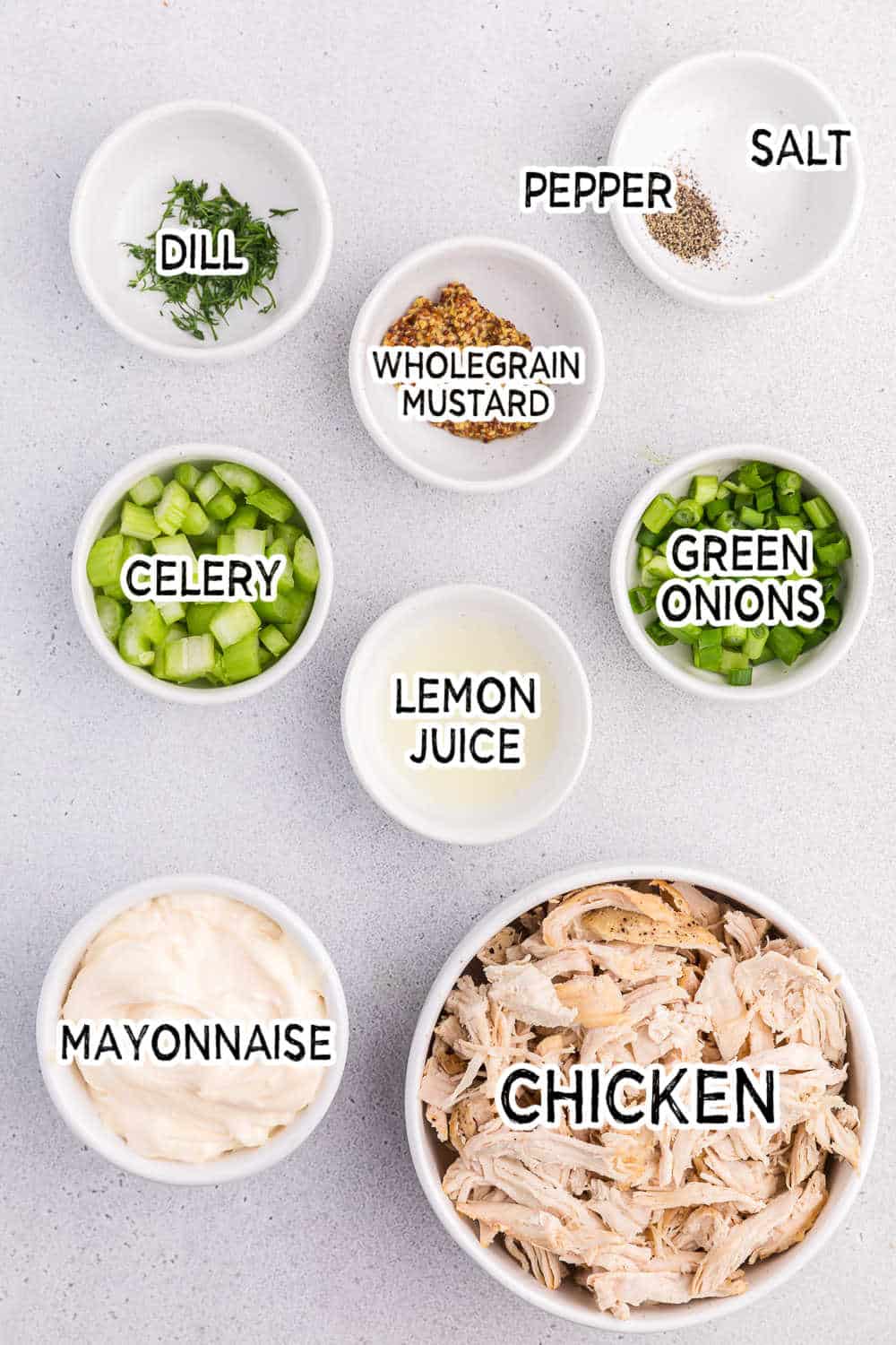 Ingredients to make classic chicken salad.