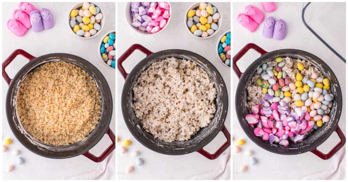 Steps to make leftover easter candy rice krispie treats.