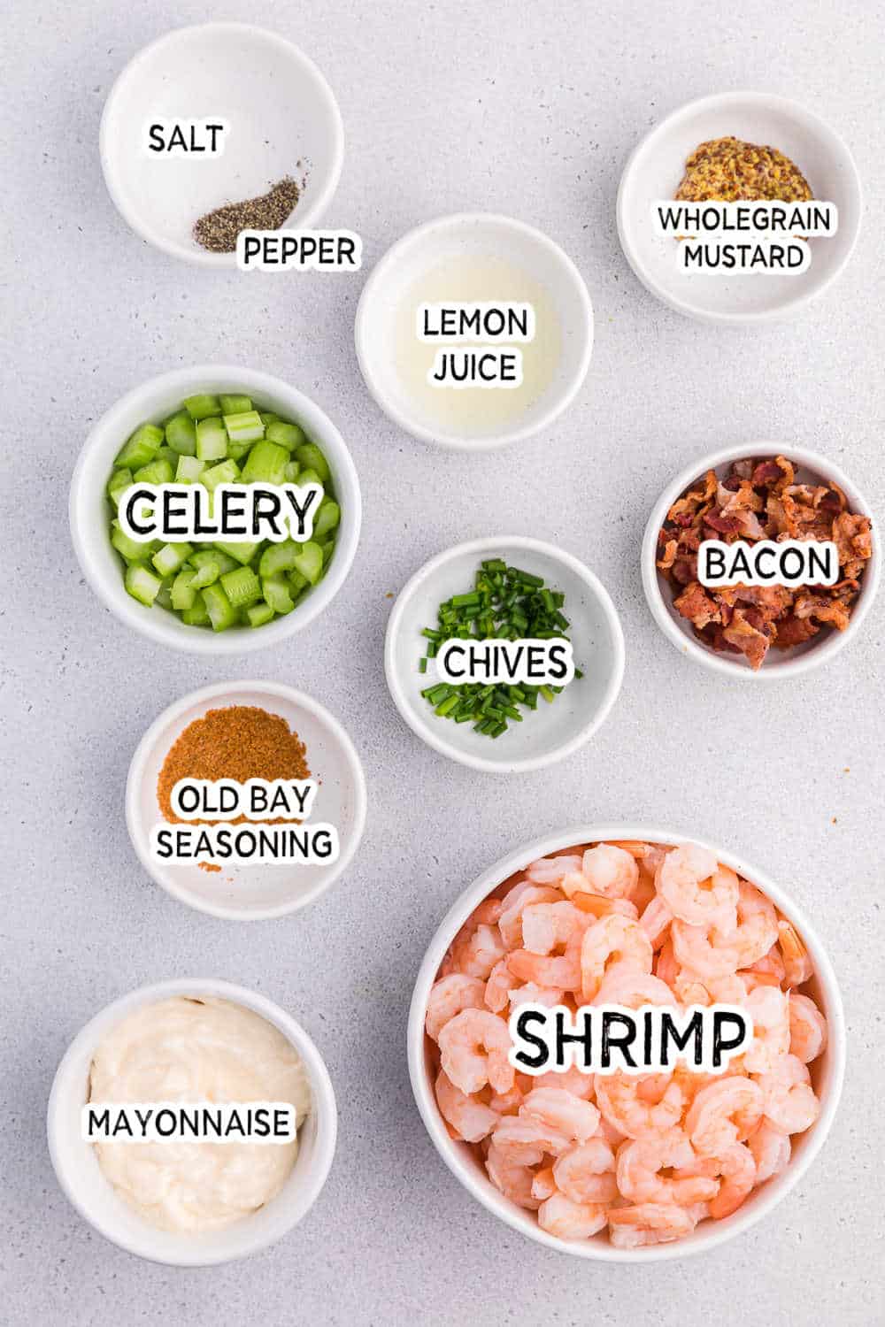 Ingredients to make shrimp salad.