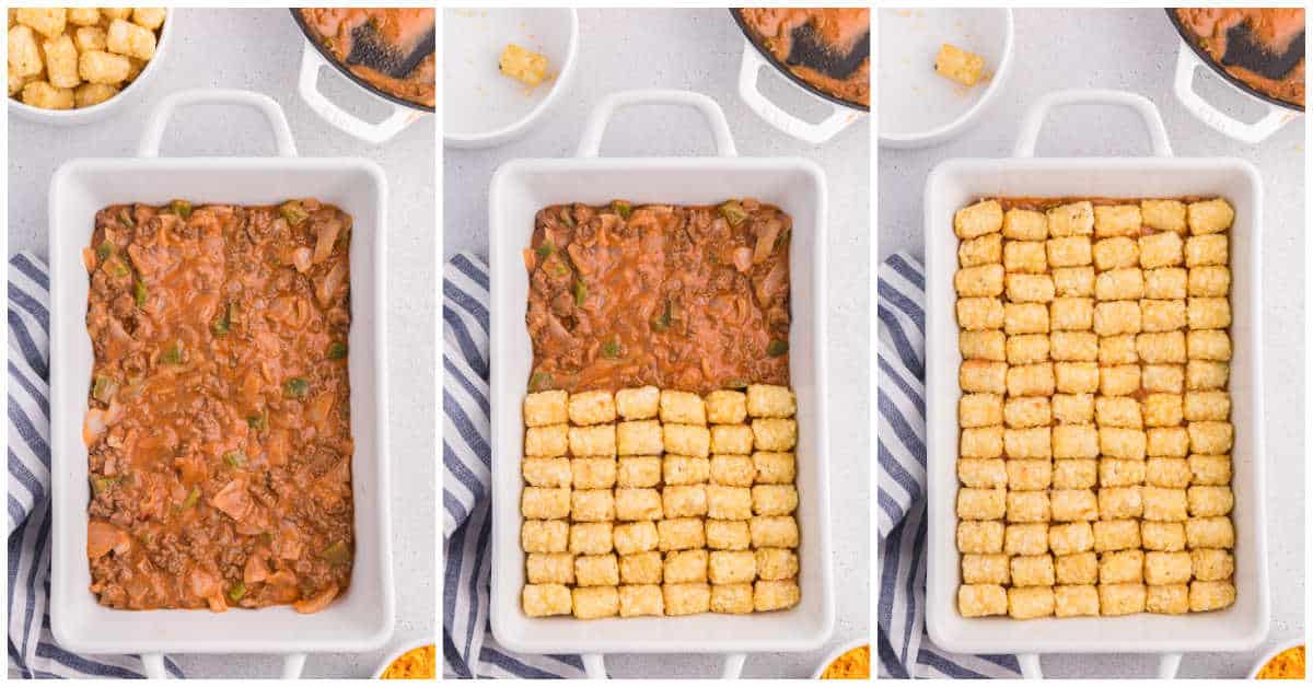 Steps to make sloppy joe tater tot casserole.