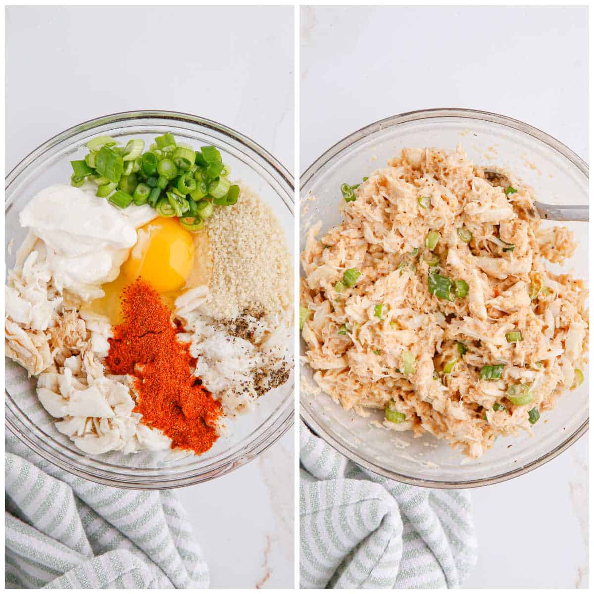 Collage of mixing ingredients in a bowl.