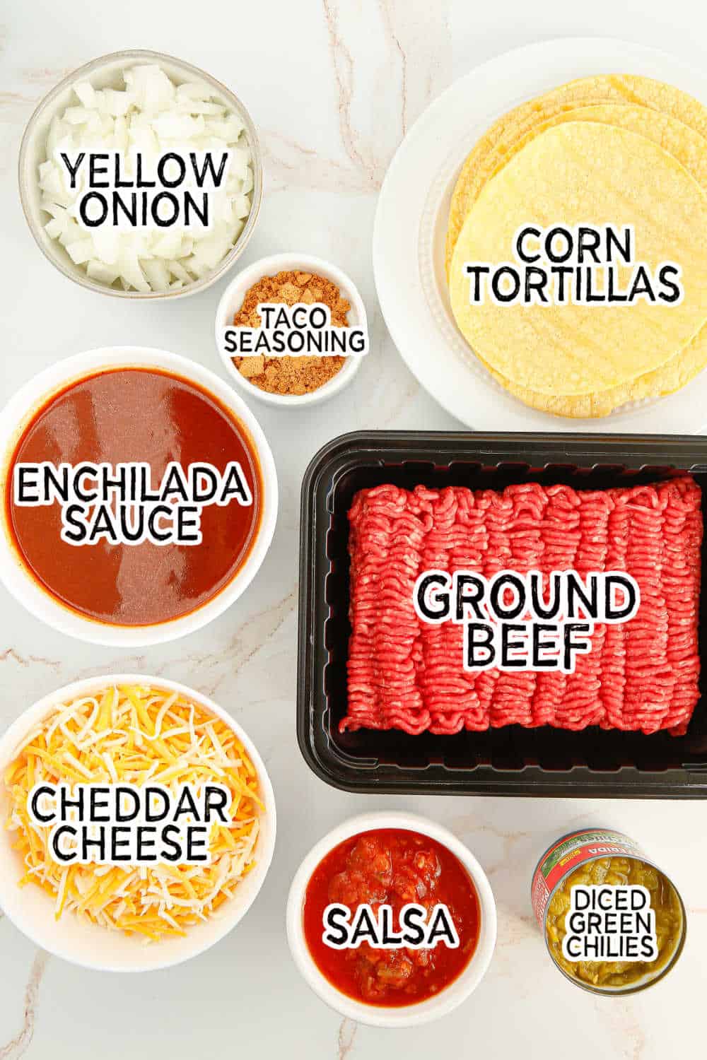 Ingredients to make slow cooker beef enchilada casserole.