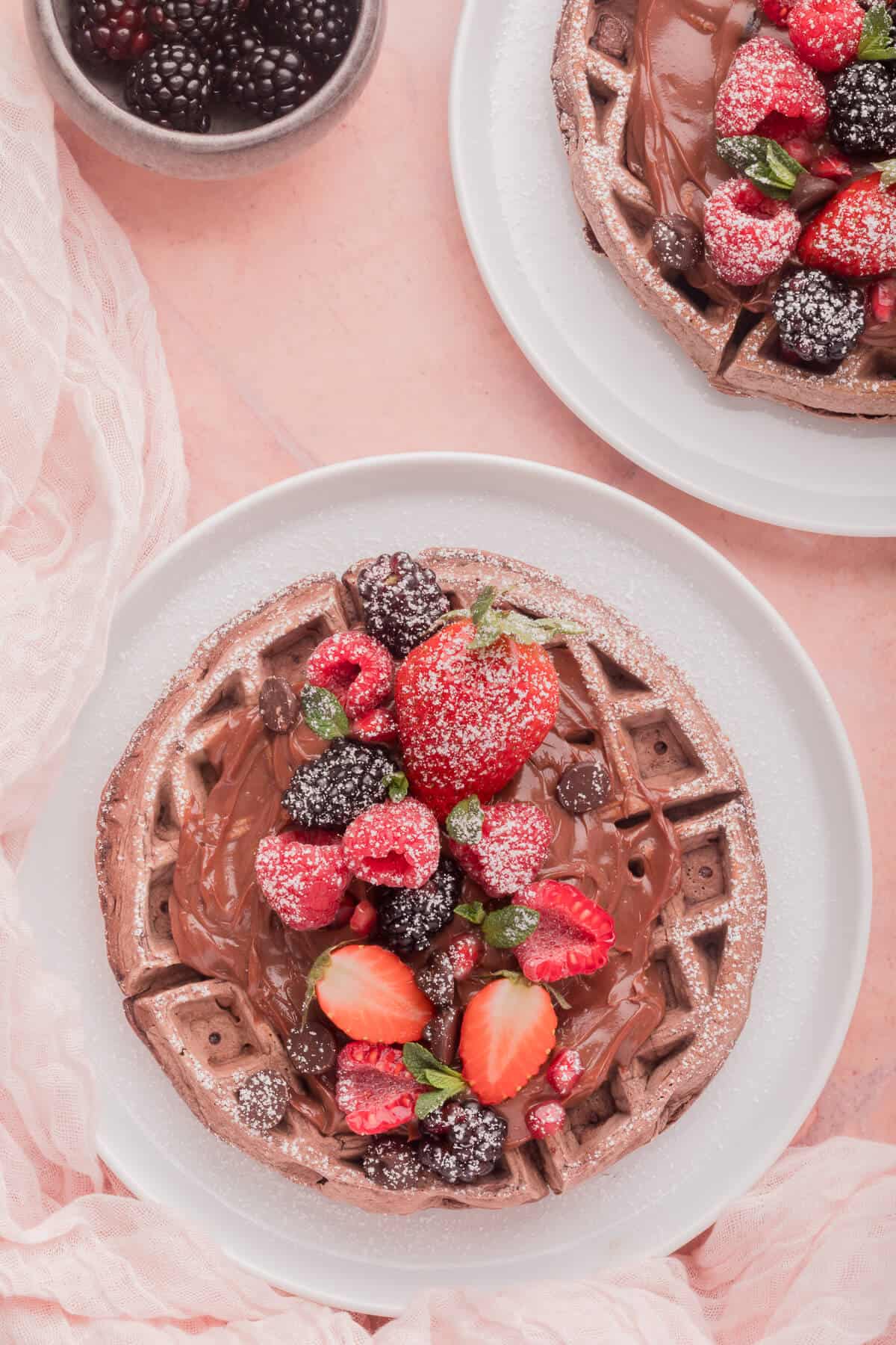 Chocolate waffles on a plate with chocolate sauce and berries.