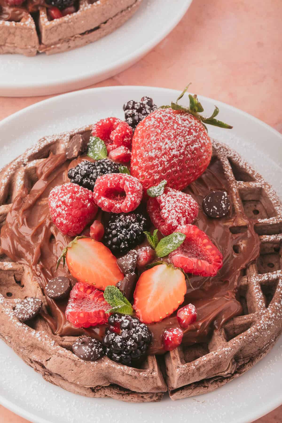 Chocolate waffle topped with chocolate sauce and fresh berries.