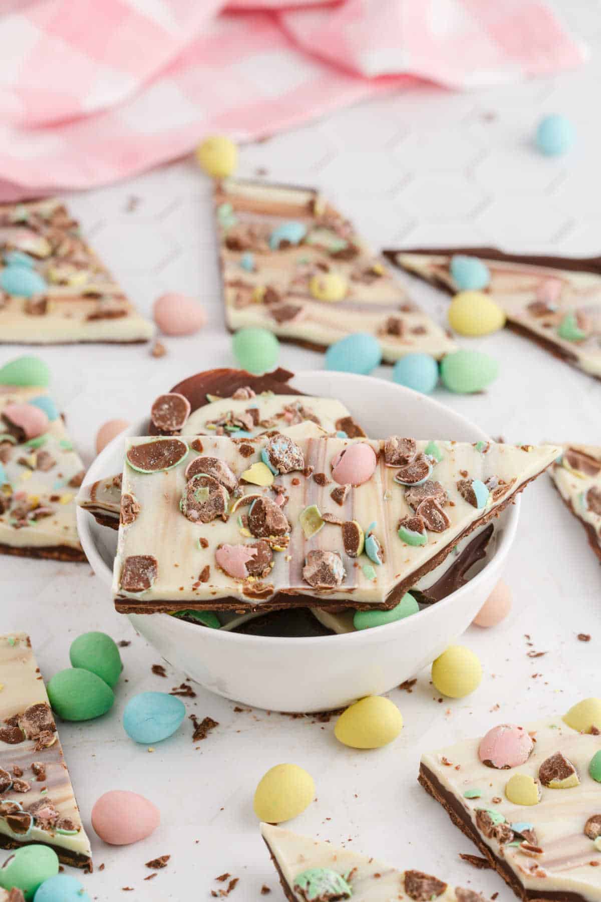 Easter bark pieces in a white bowl.