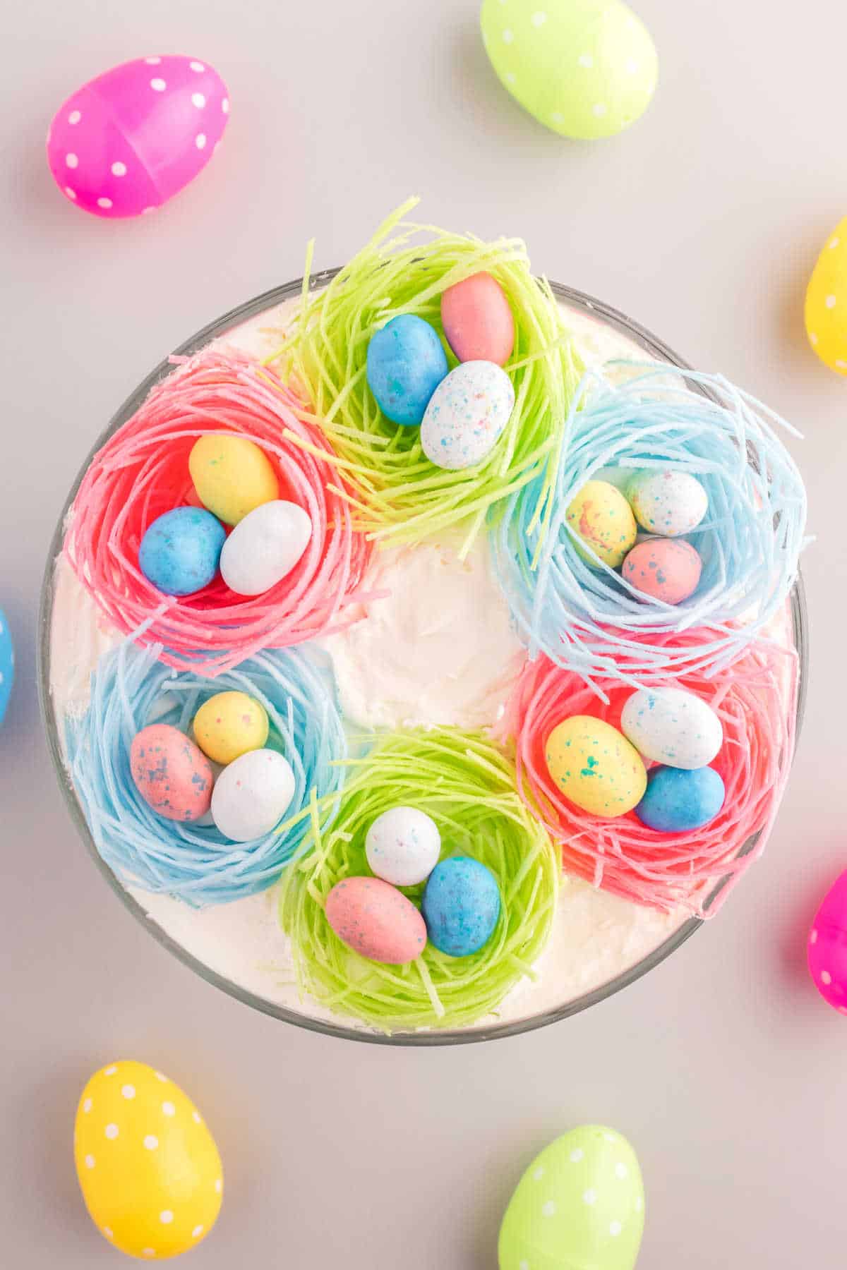 Overhead view of Easter Trifle in a trifle bowl.