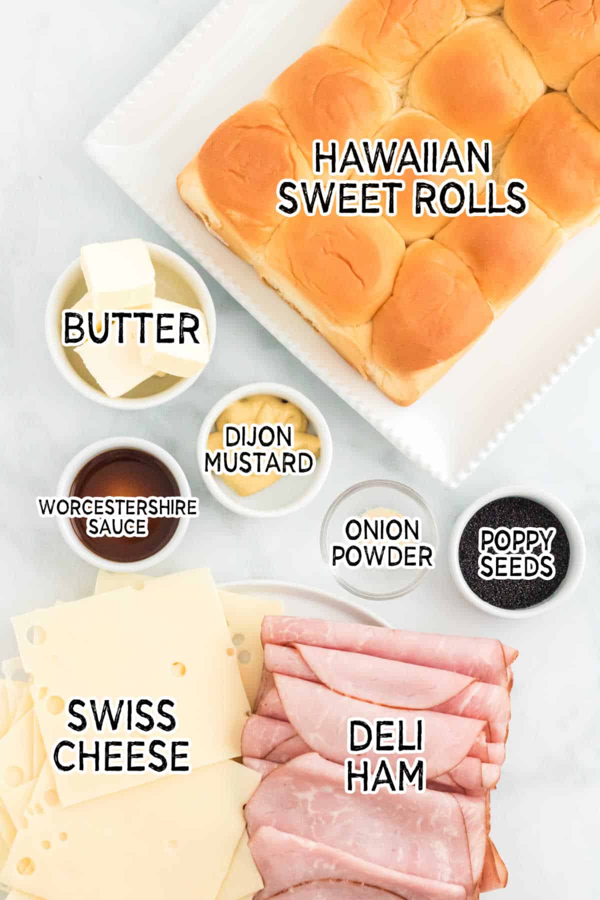 Ingredients to make ham and cheese sliders.