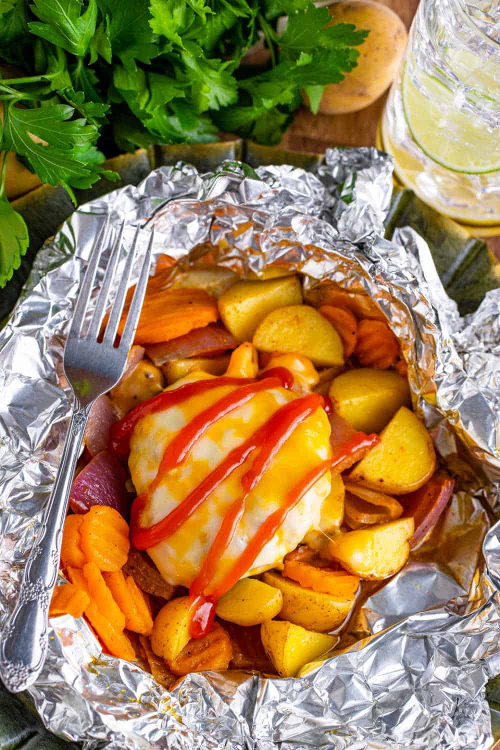 Burger Hobo Packets with a fork.