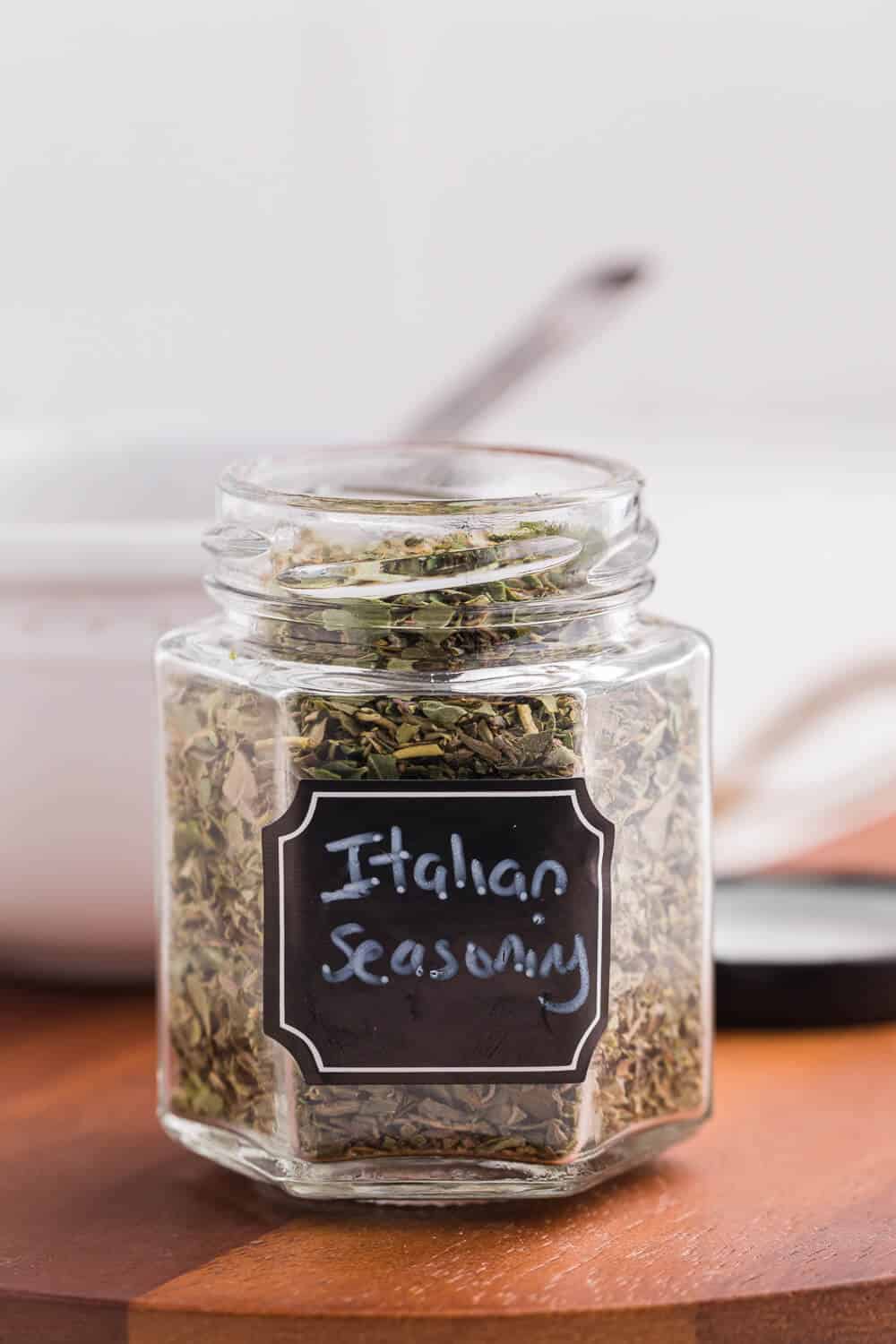 Italian seasoning in a spice jar.