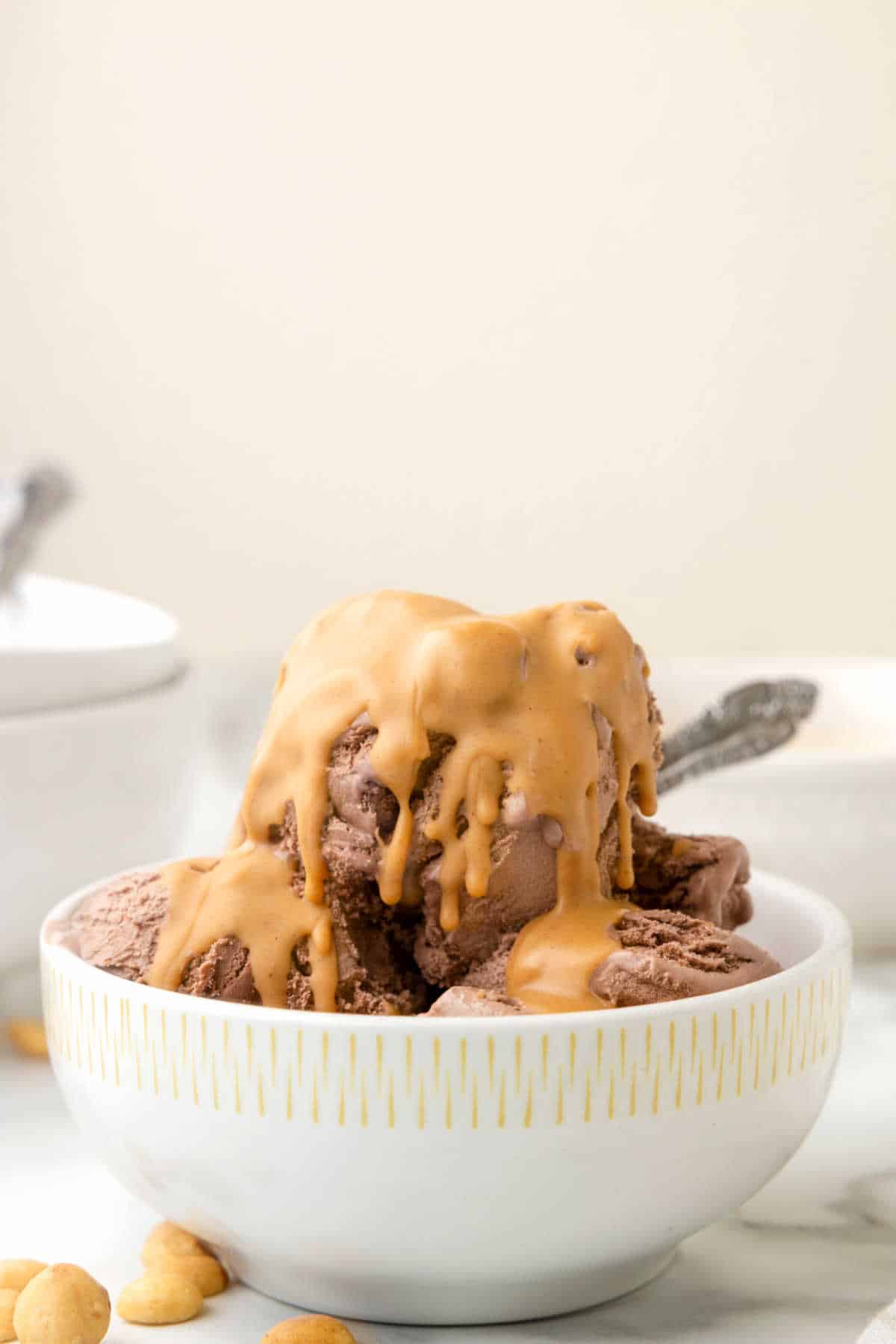 Peanut butter magic shell on chocolate ice cream.