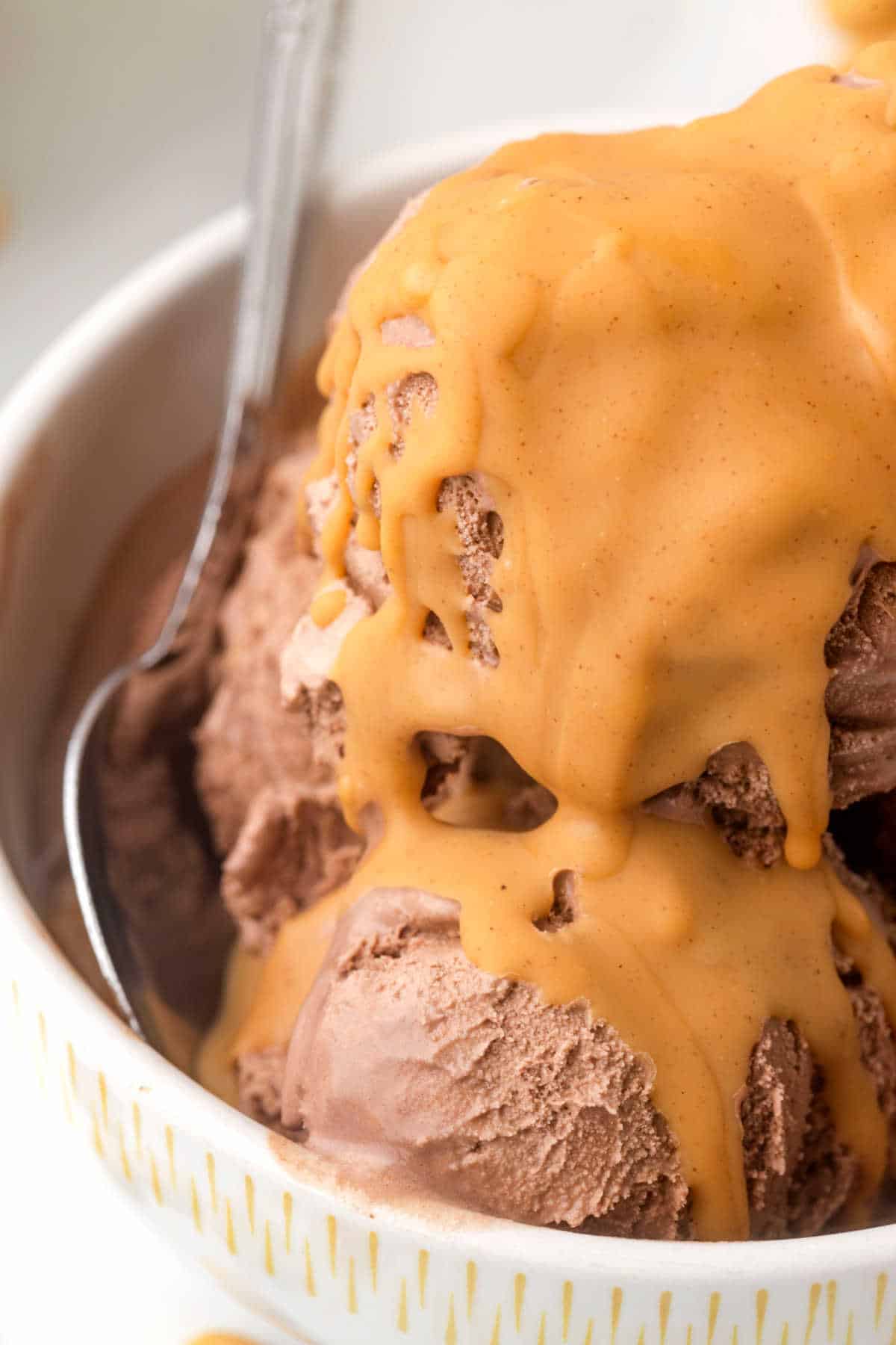 Peanut butter magic shell on chocolate ice cream.