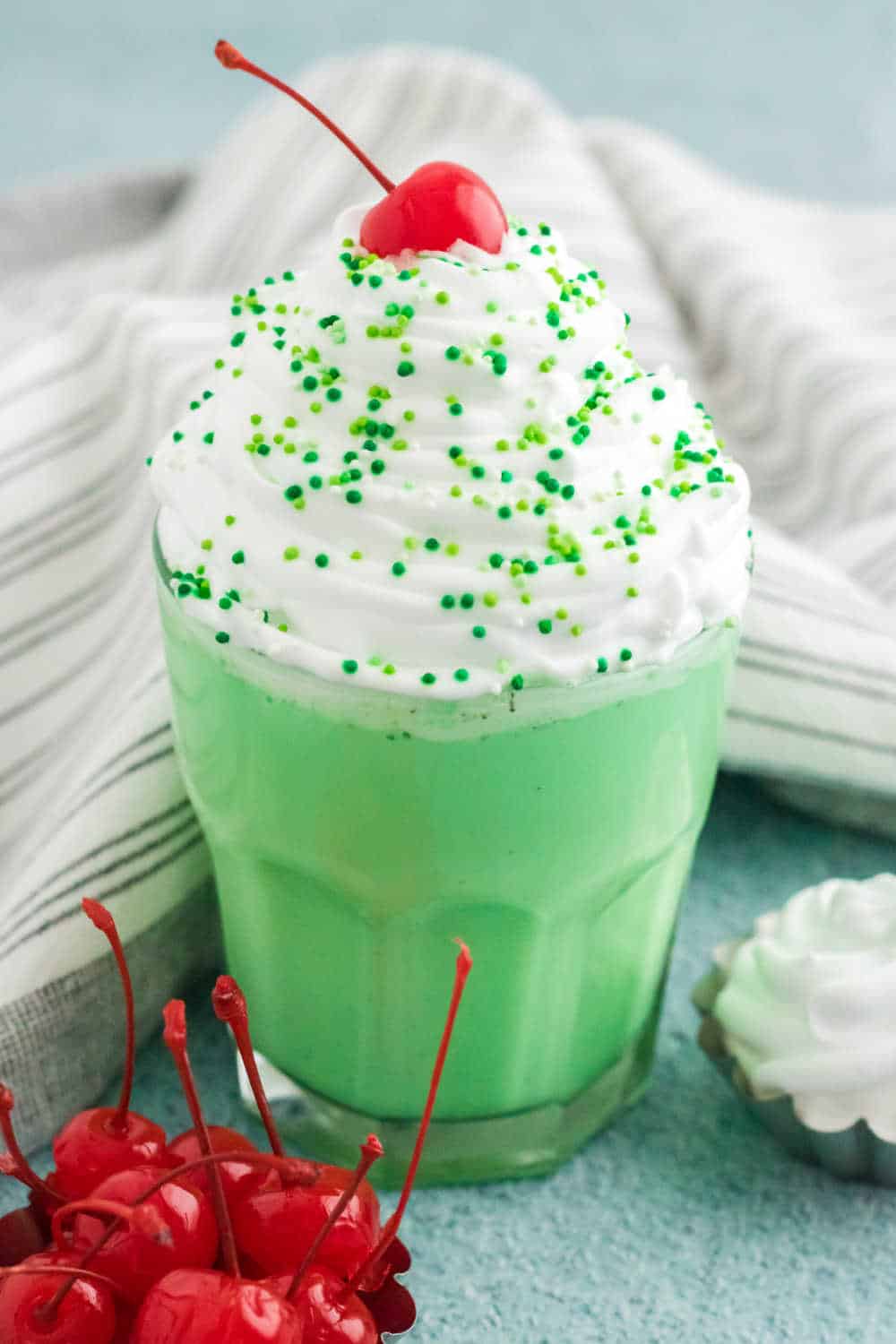 Shamrock shake in a glass.