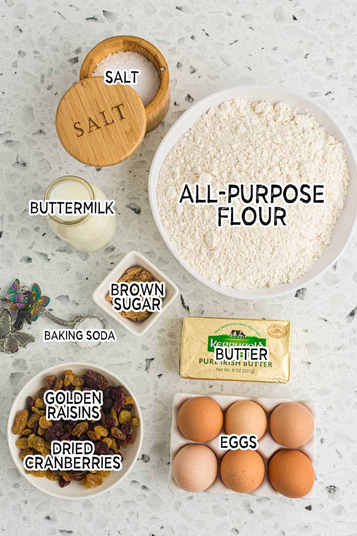 Ingredients on a marbled counter.