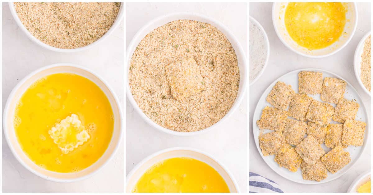 Collage of dredging the ravioli in the coating.