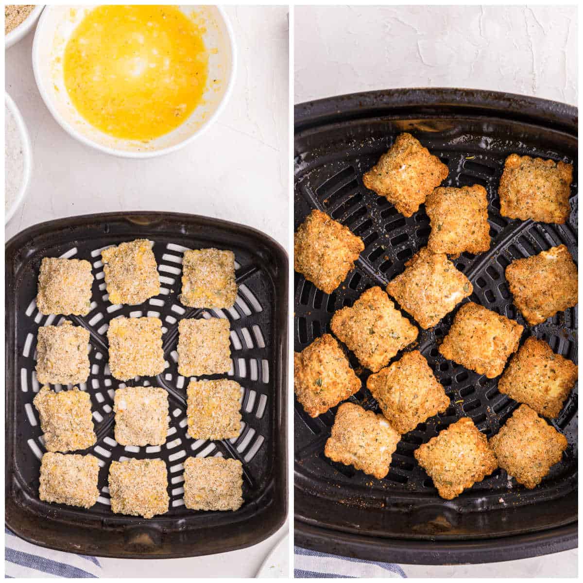 Collage of air frying the recipe.