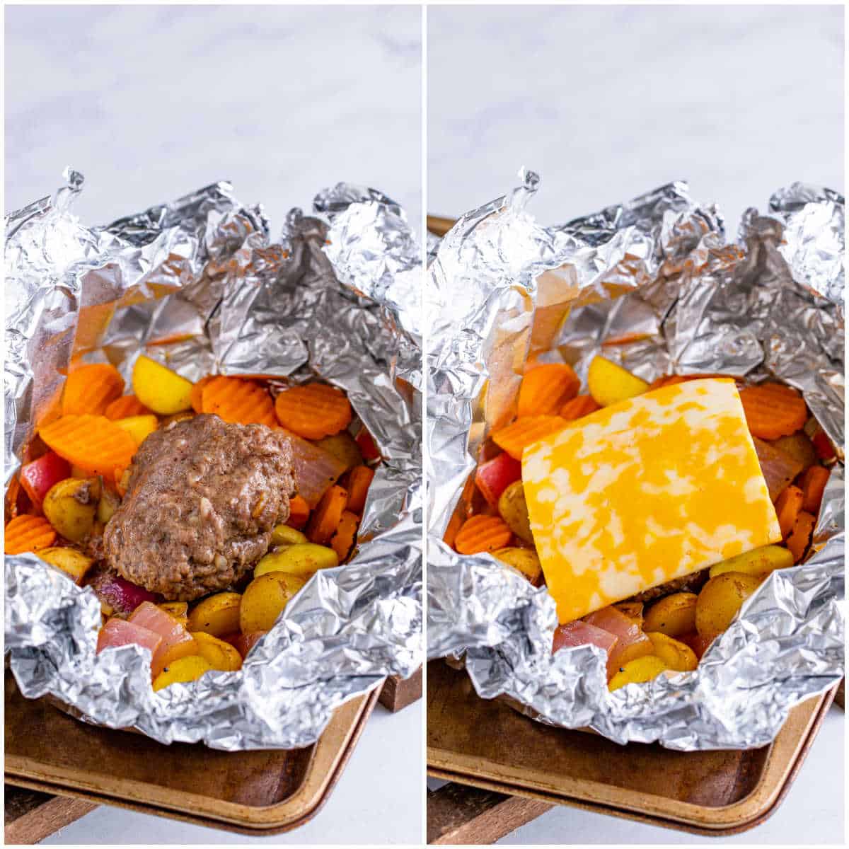 Steps to make burger hobo packets.