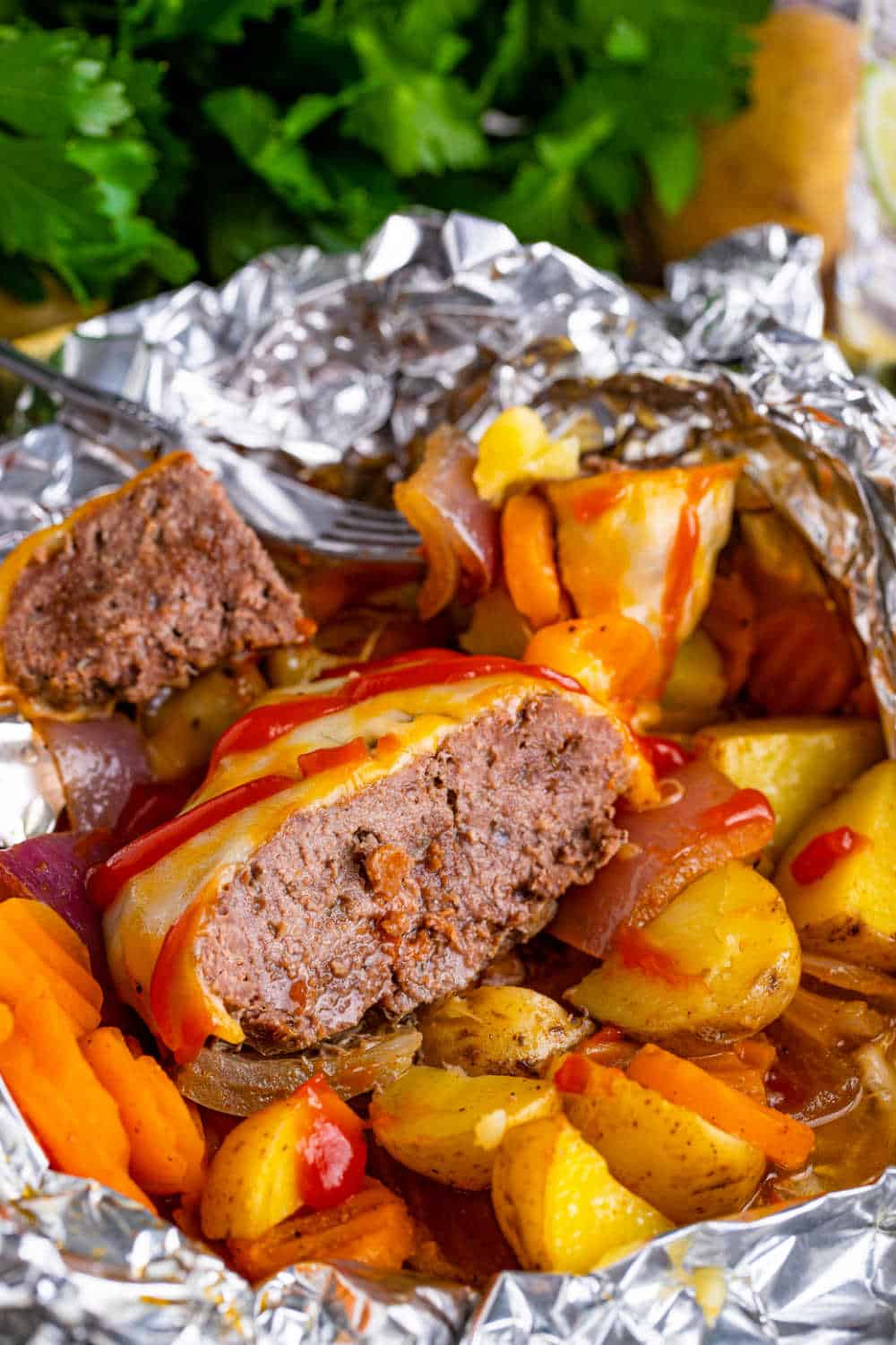 Burger Hobo Packet cut in half.