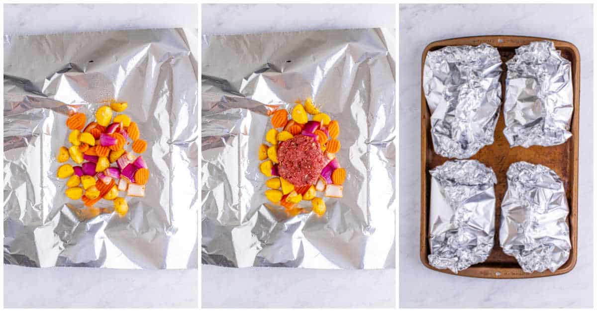 Steps to make burger hobo packets.