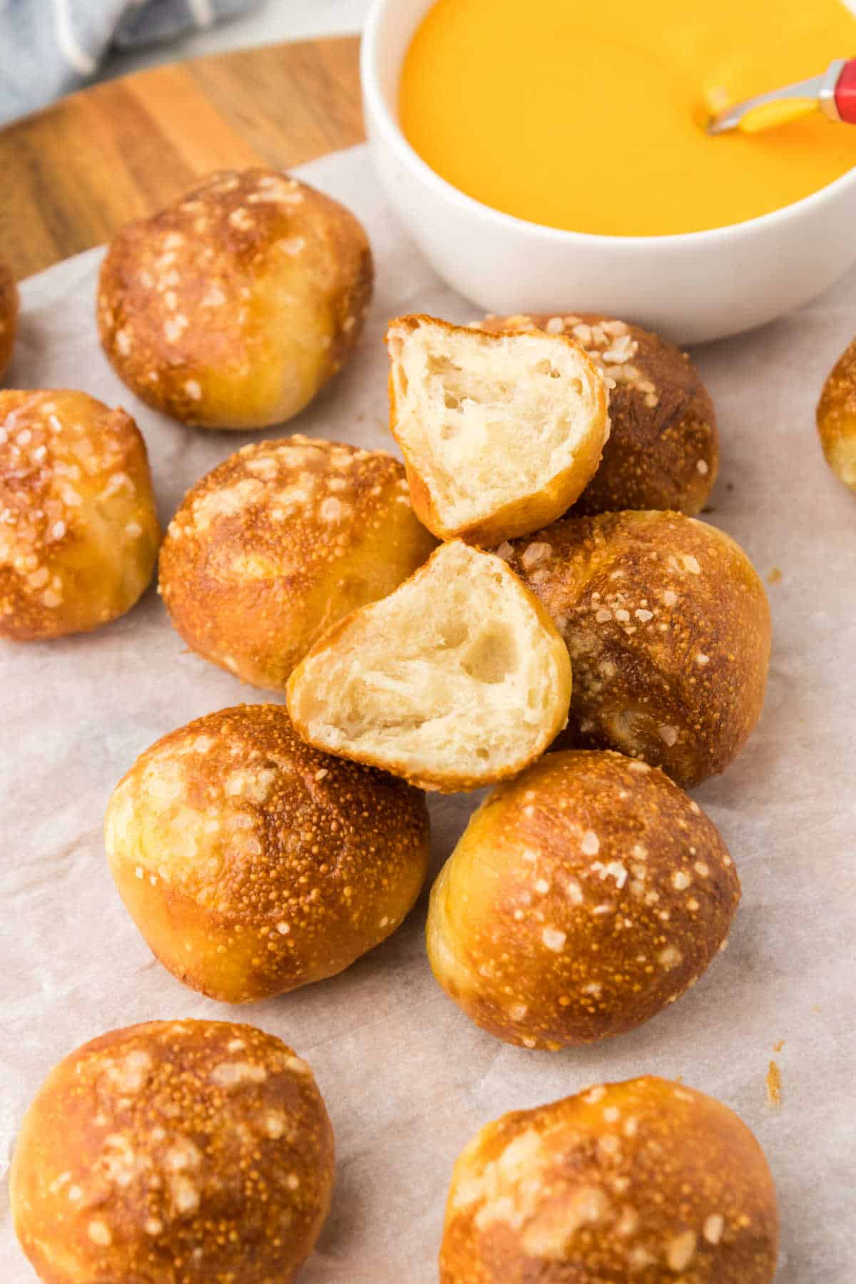 Pretzel bites on parchment paper.