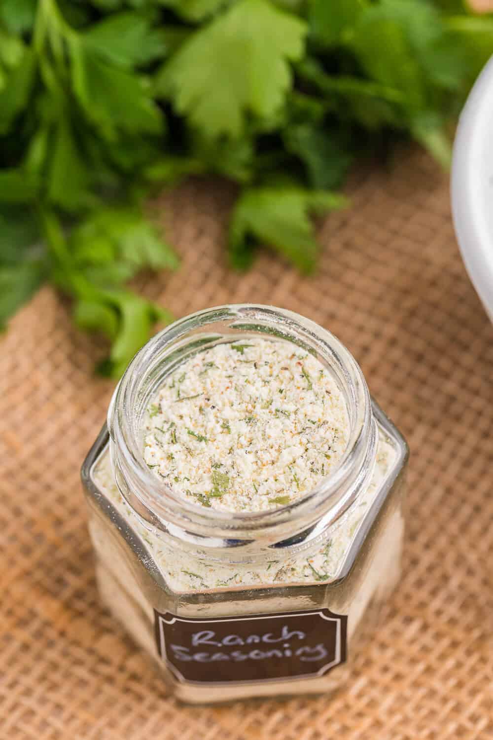 Ranch seasoning mix in a spice jar.