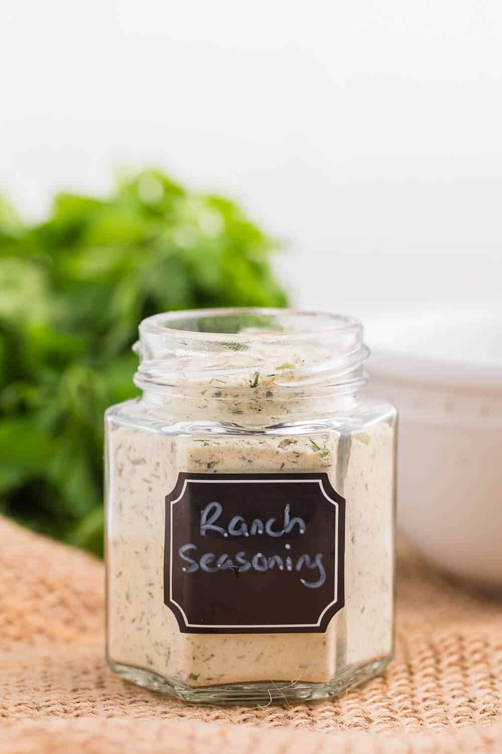 Ranch seasoning in a spice jar with a black label.
