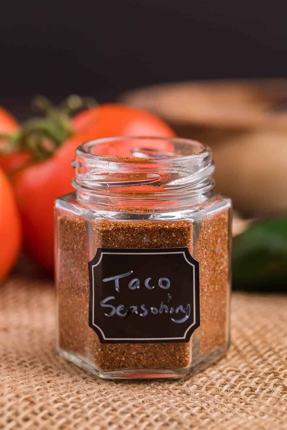 Taco seasoning in a labelled spice jar.