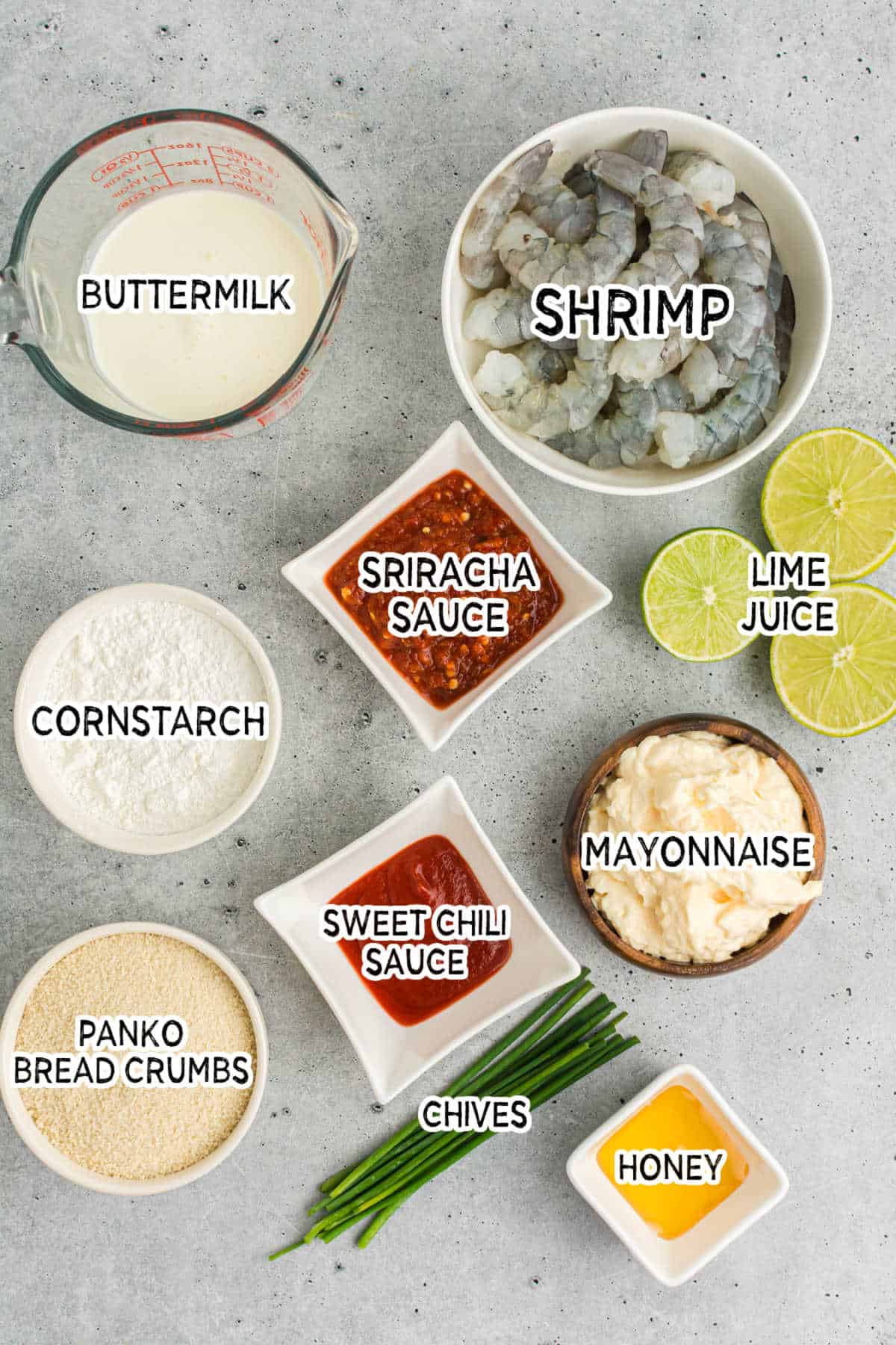 Ingredients to make air fryer bang bang shrimp.