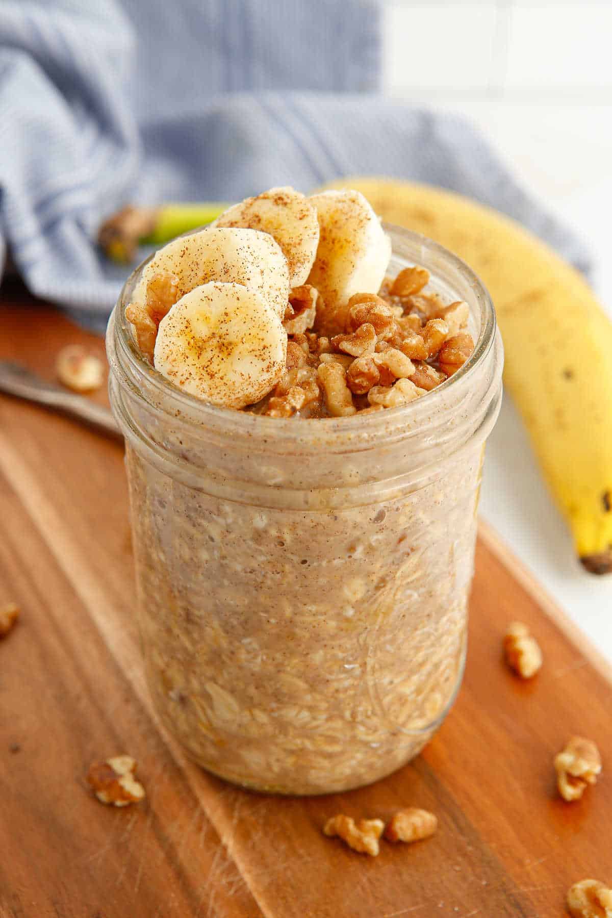 Banana bread overnight oats in a mason jar.