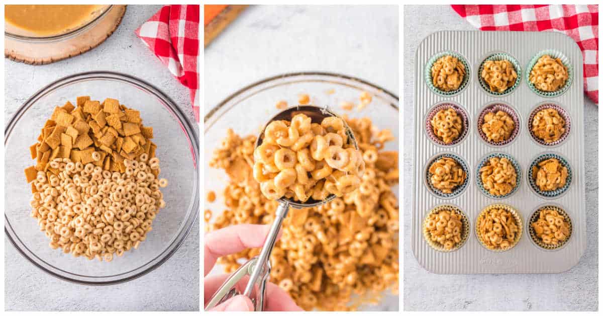 Steps to make peanut butter Cheerio balls.