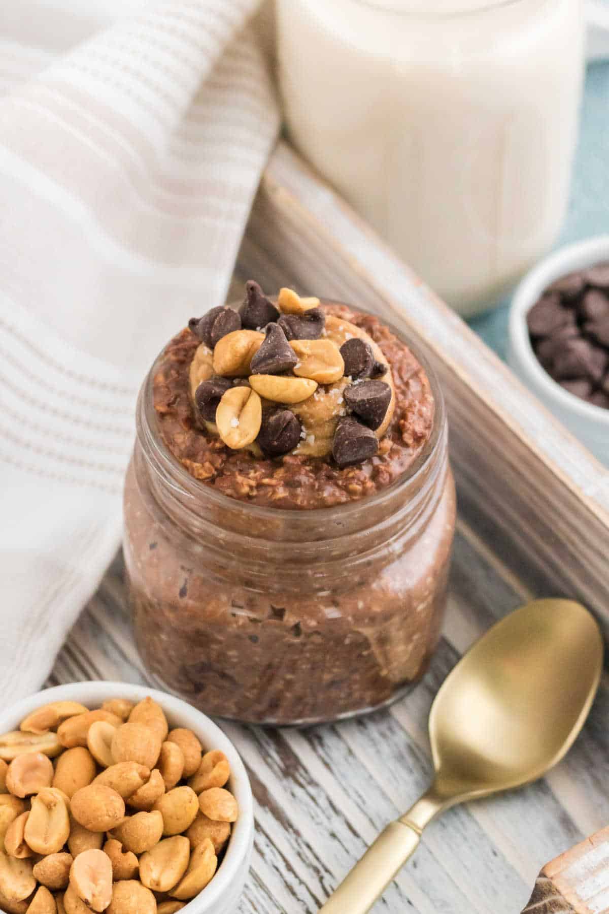 A jar of chocolate peanut butter overnight oats.