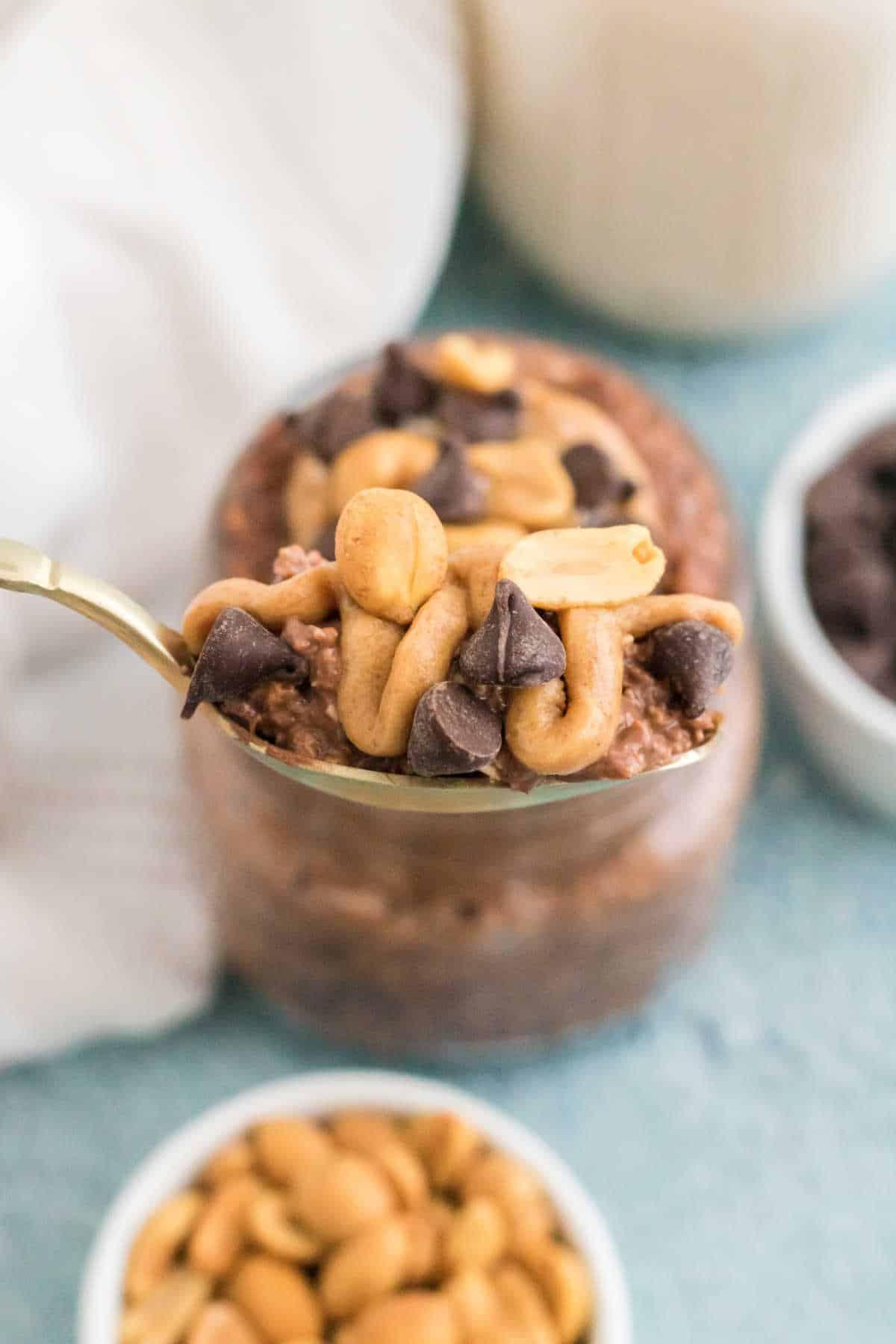 A spoonful of chocolate peanut butter overnight oats.