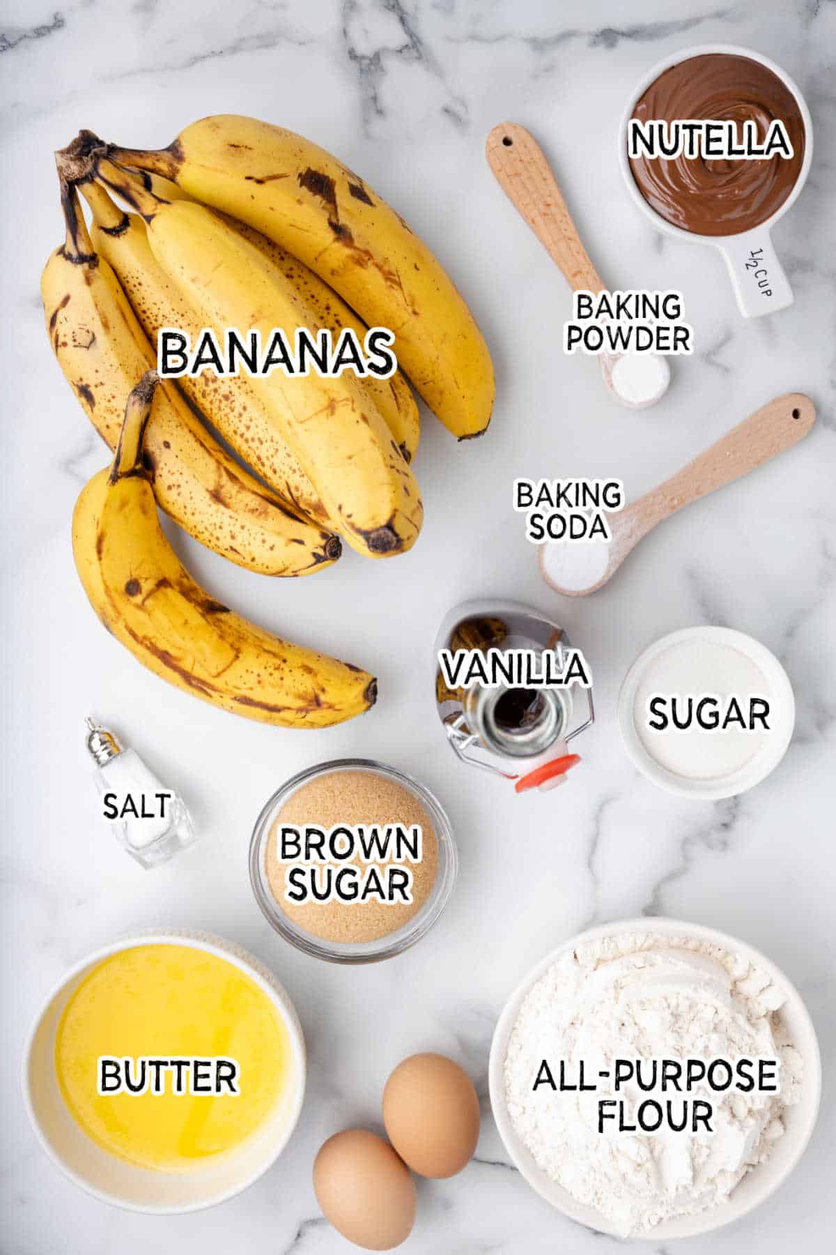 Ingredients to make Nutella Banana Bread.