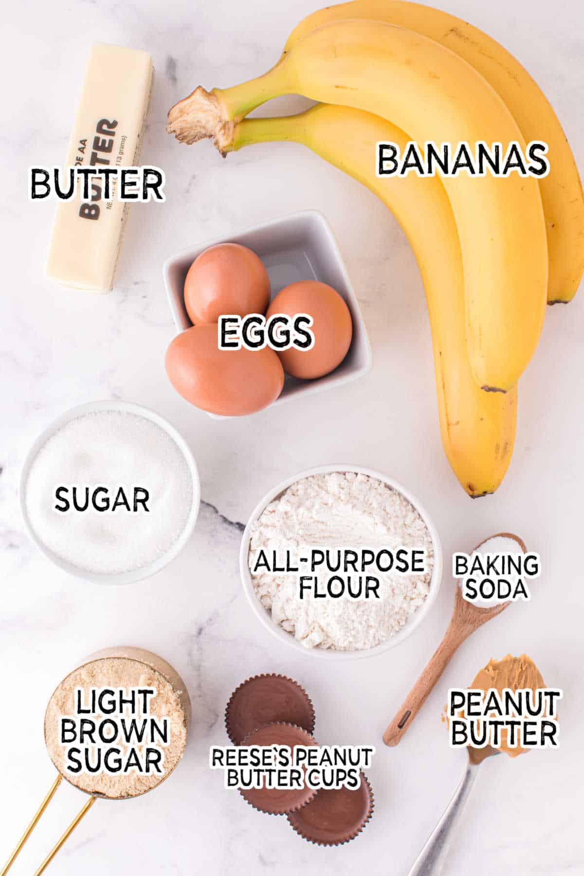 Ingredients to make Reese's Peanut Butter Banana Bread