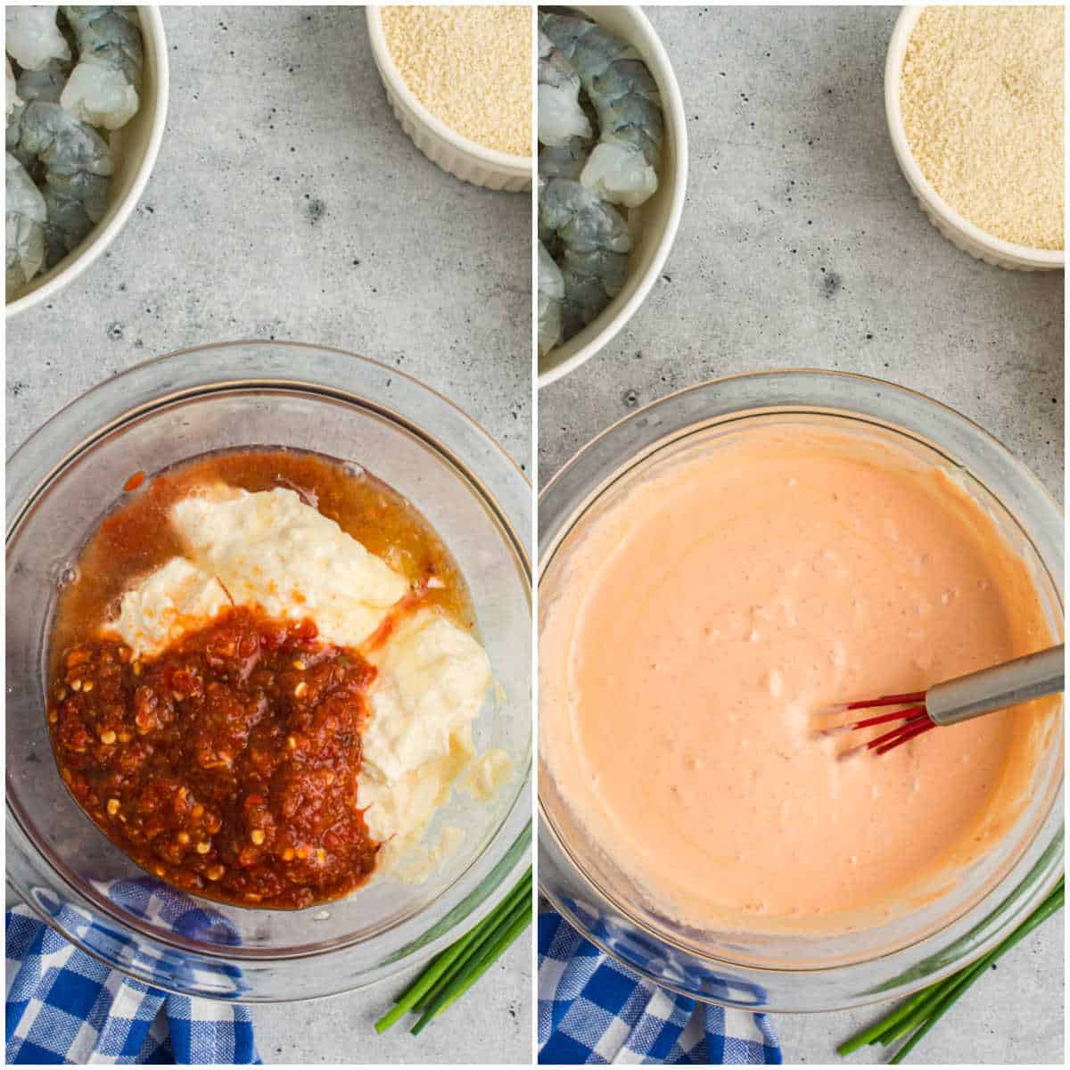 Collage of making the sauce in a bowl.