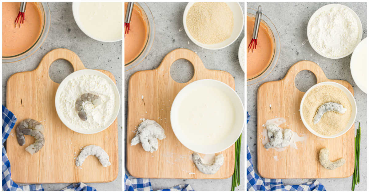 Collage of breading the shrimp.