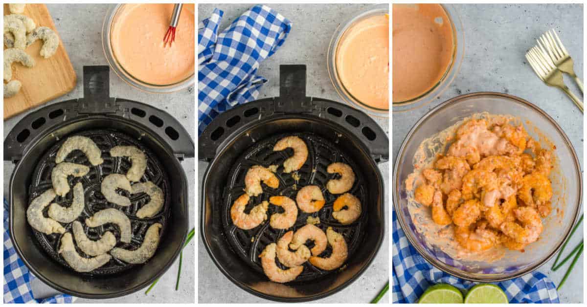 Collage of air frying the shrimp and mixing in the sauce.