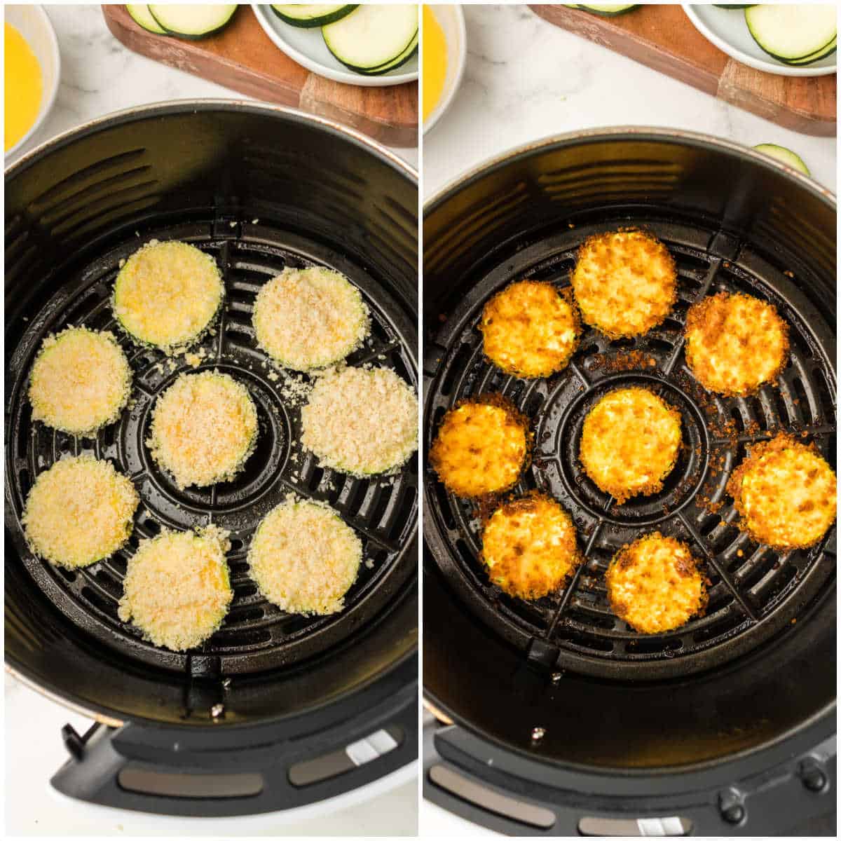 Steps to preparing air fryer zucchini chips.