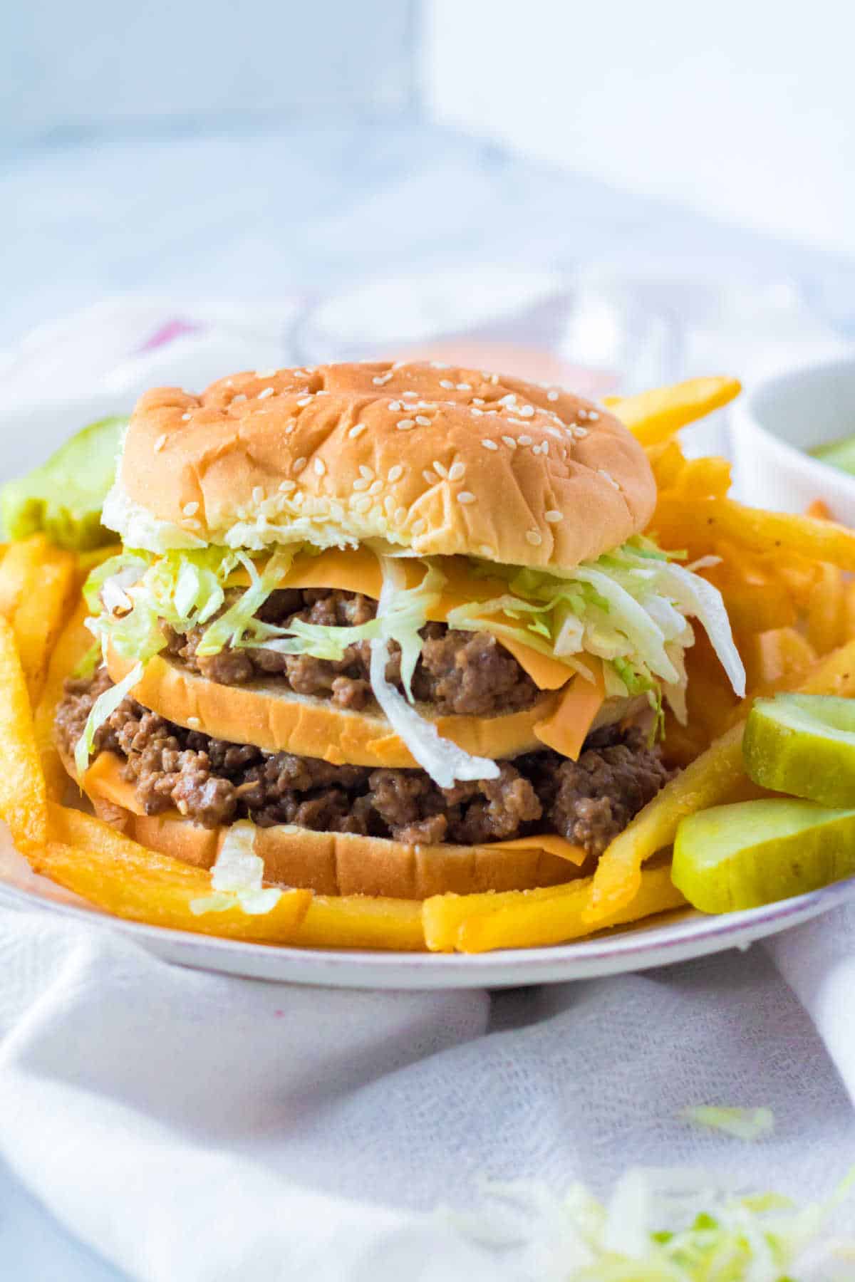 A big mac sloppy joe on a plate with fries.