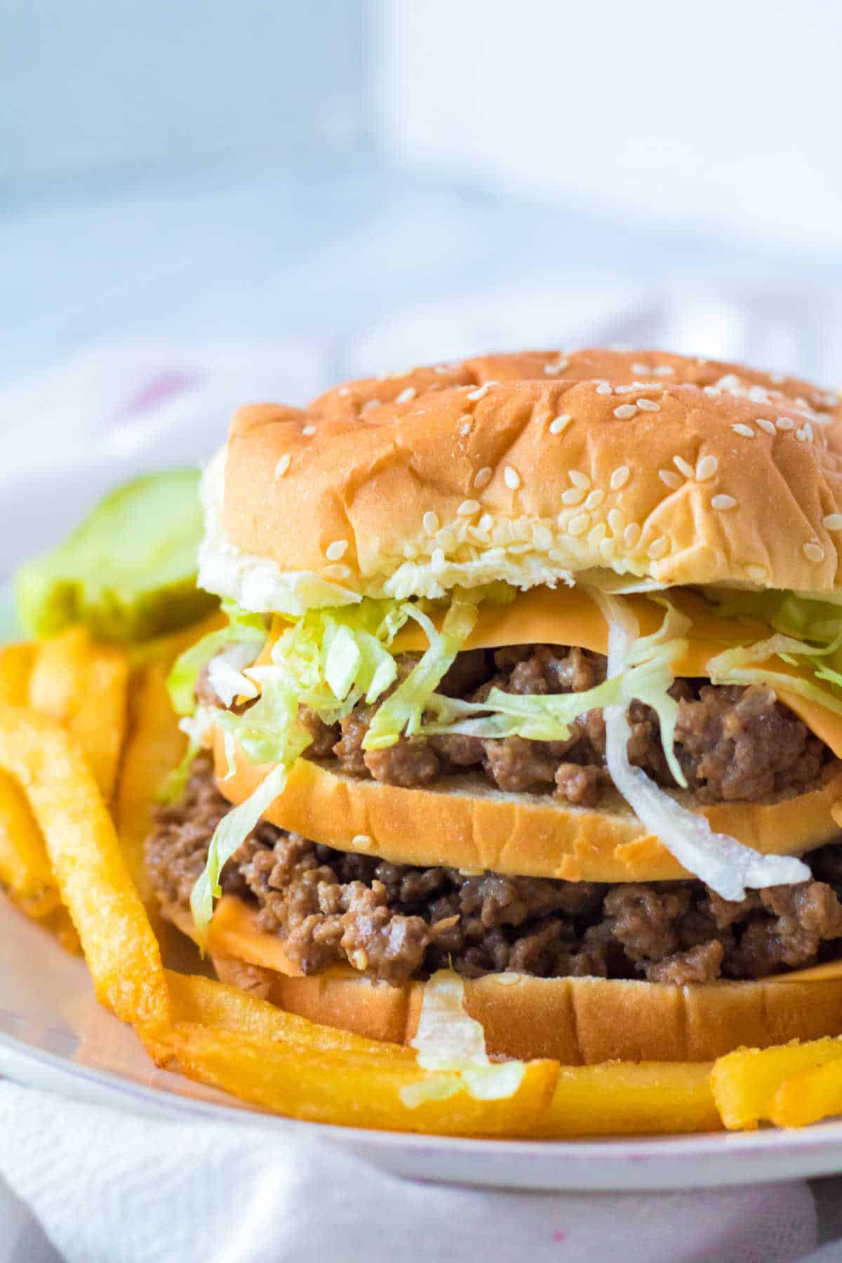 A big mac sloppy joe on a plate with fries.