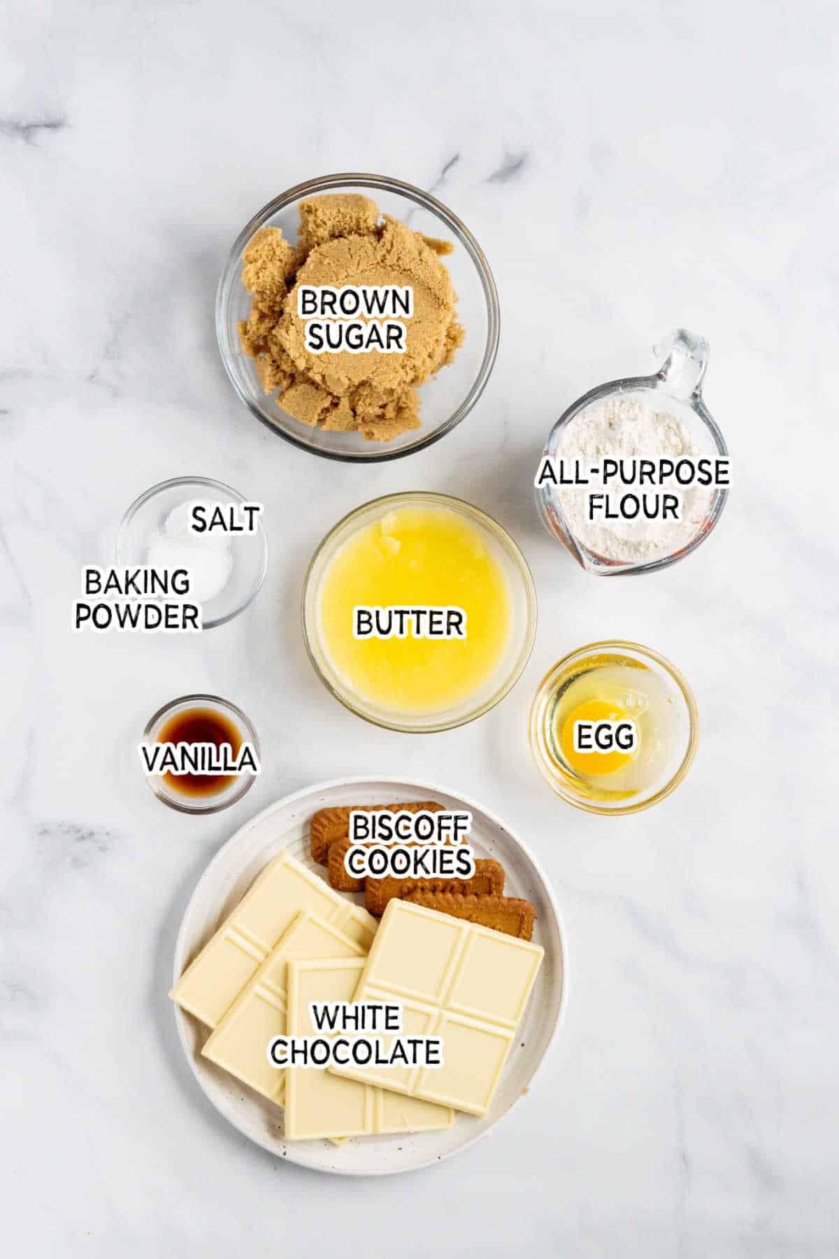 Ingredients to make Biscoff blondies with white chocolate.