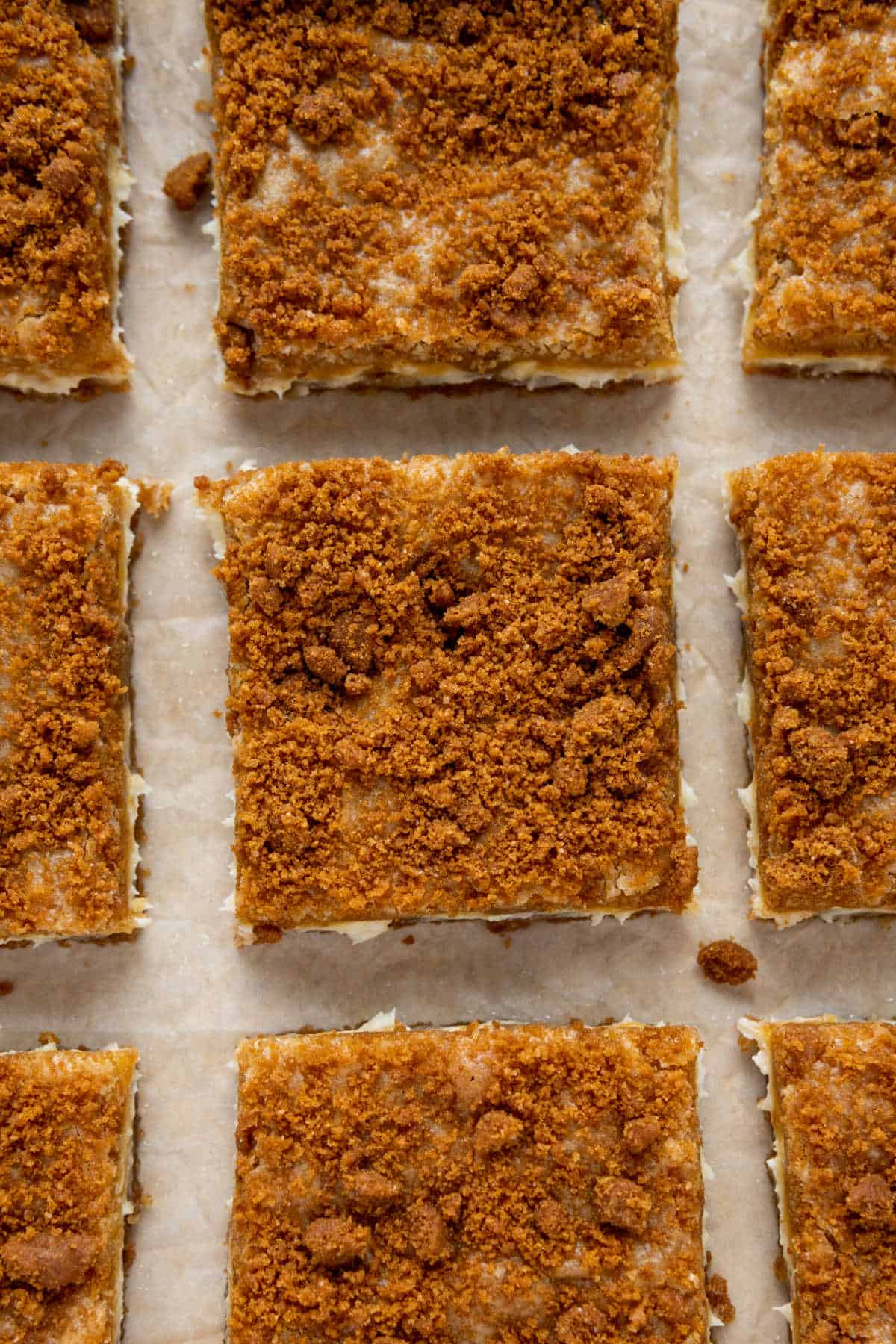 Biscoff blondies cut into squares on a piece of parchment paper.