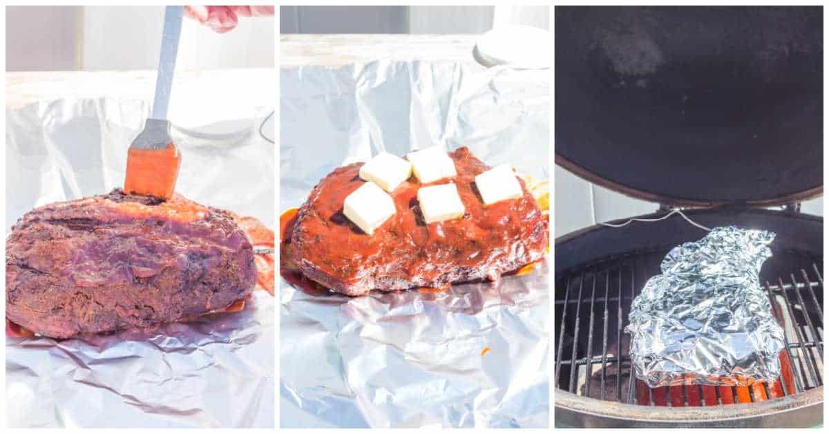 Collage of basting the roast and continuing to grill.