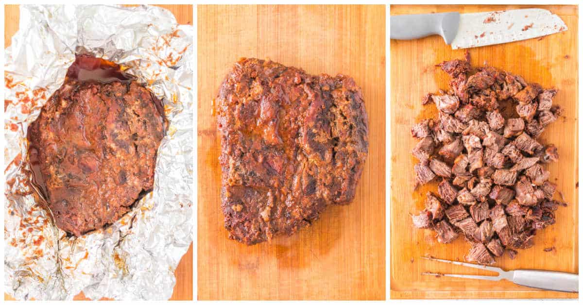 Collage of cutting the roast into pieces once it's cooked.