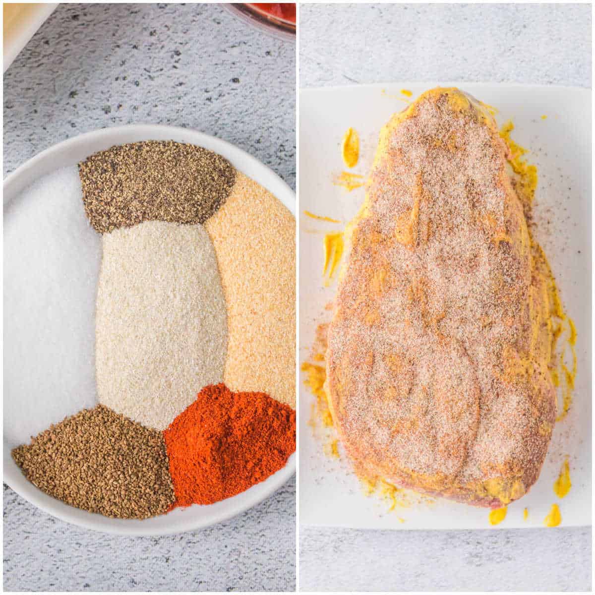 Collage of making the dry rub and covering the roast.