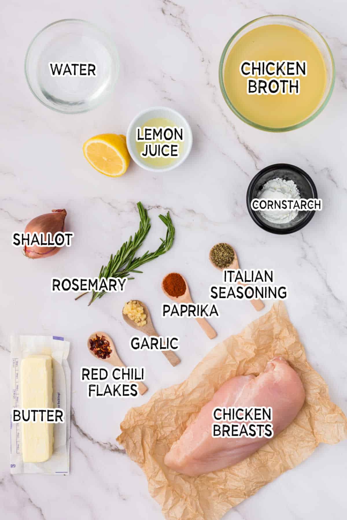 Ingredients to make lemon garlic butter chicken.