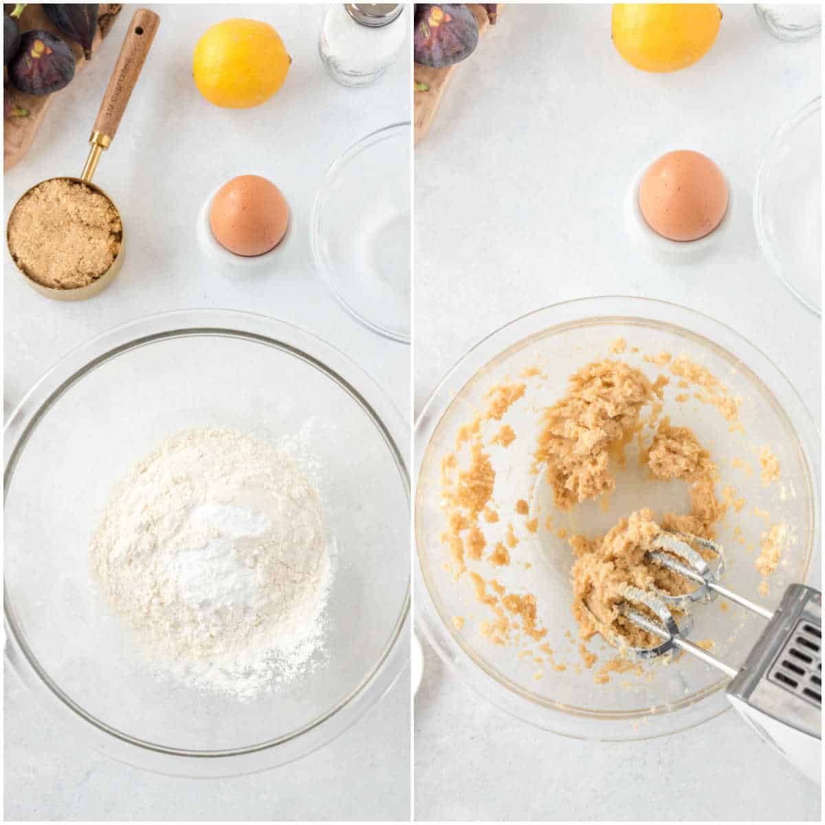 Collage of mixing ingredients in a bowl.